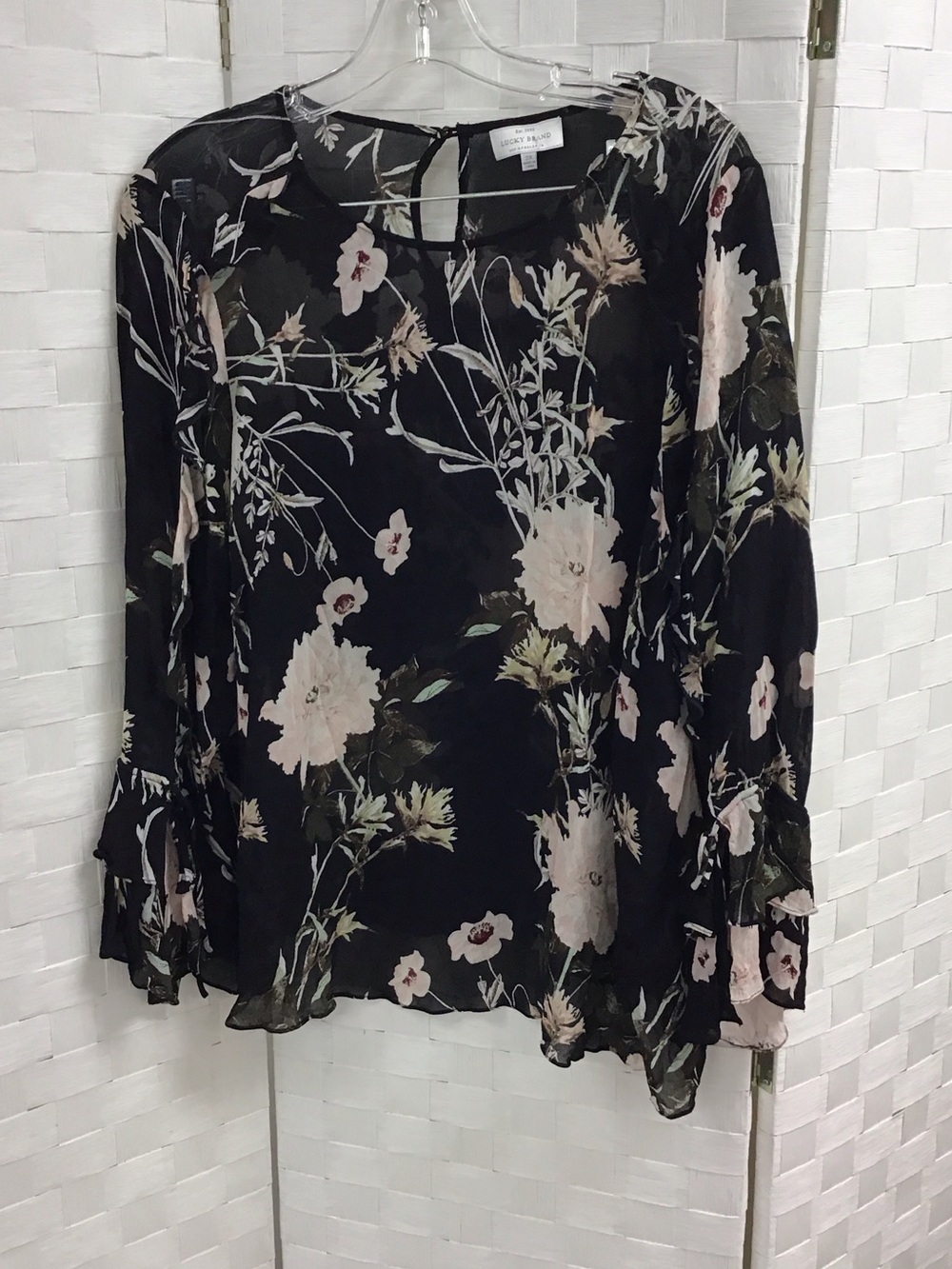 Lucky Brand Black Floral Chiffon Blouse with Pale Pink Print